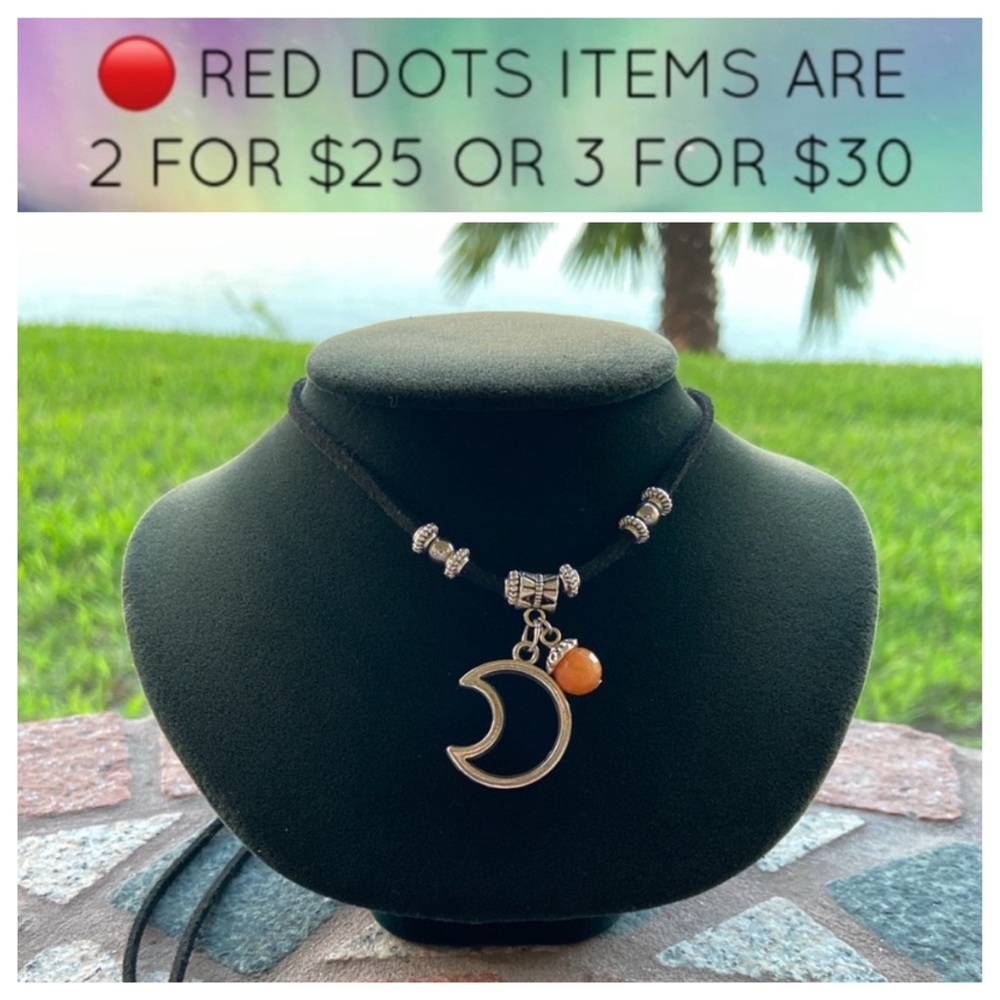 🔴 Silver moon carnelian gem black suede choker